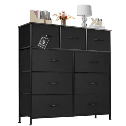 9-Drawer Dresser, Storage Unit Organizer Chest for Clothes, Tall Dresser & Chest of Drawers for Bedroom, Hallway, Living Room, Closet, & Dorm Furniture - Steel Frame, Wood Top