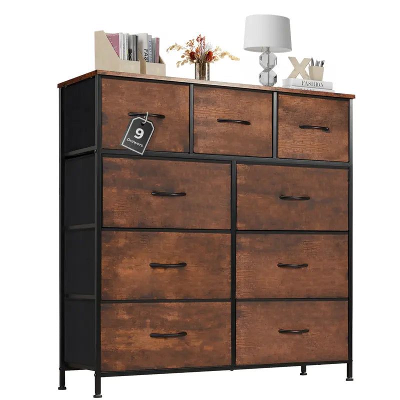 9-Drawer Dresser, Storage Unit Organizer Chest for Clothes, Tall Dresser & Chest of Drawers for Bedroom, Hallway, Living Room, Closet, & Dorm Furniture - Steel Frame, Wood Top