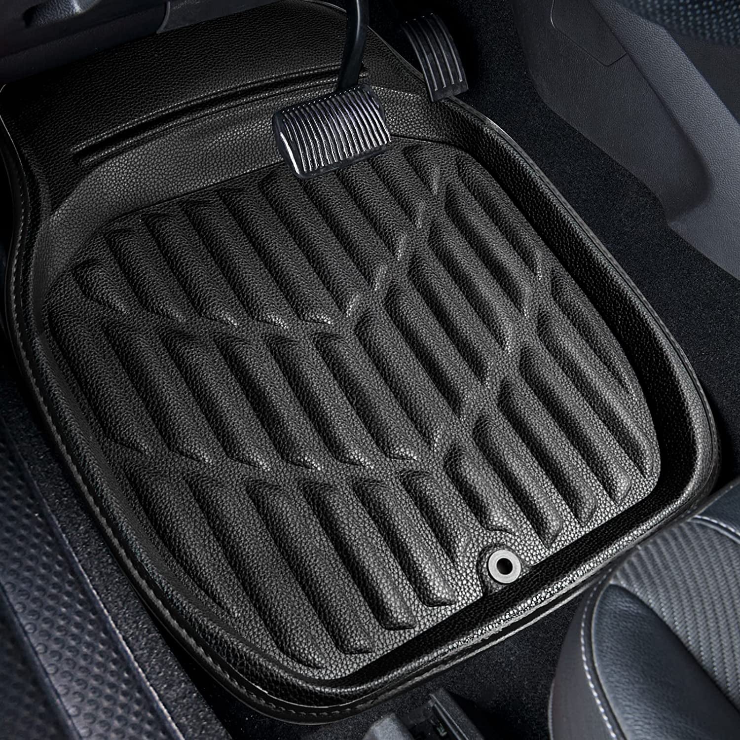 Deluxe Faux Leather Universal Fit 3D Waterproof Car Floor Mats, Super Anti-Slip for Suvs,Vans,Trucks,Pack of 4,Durable Easy Clean (Black, Large Size)