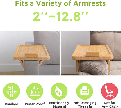 Bamboo Sofa Tray Table Clip on Side Table for Wide Couches Arm, Foldable Couch Tray with 360° Rotating Phone Holder, Armrest Table for Eating/Drinks/Snacks/Remote/Control