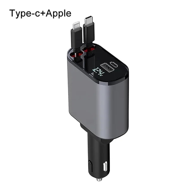 2023 New Retractable Car Charger 4 In1 Fast Car Phone Charger 66W Retractable Cables (2.6Ft) and 2 USB Ports Car Charger Adapter