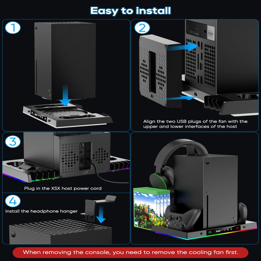 Upgraded RGB Cooling Fan Charging Station for Xbox Series X Console & Controller, Wireless Dual Charger Dock & Cooler System Stand with 15 Colorful Light Modes for Xbox Series X & Accessories Storage